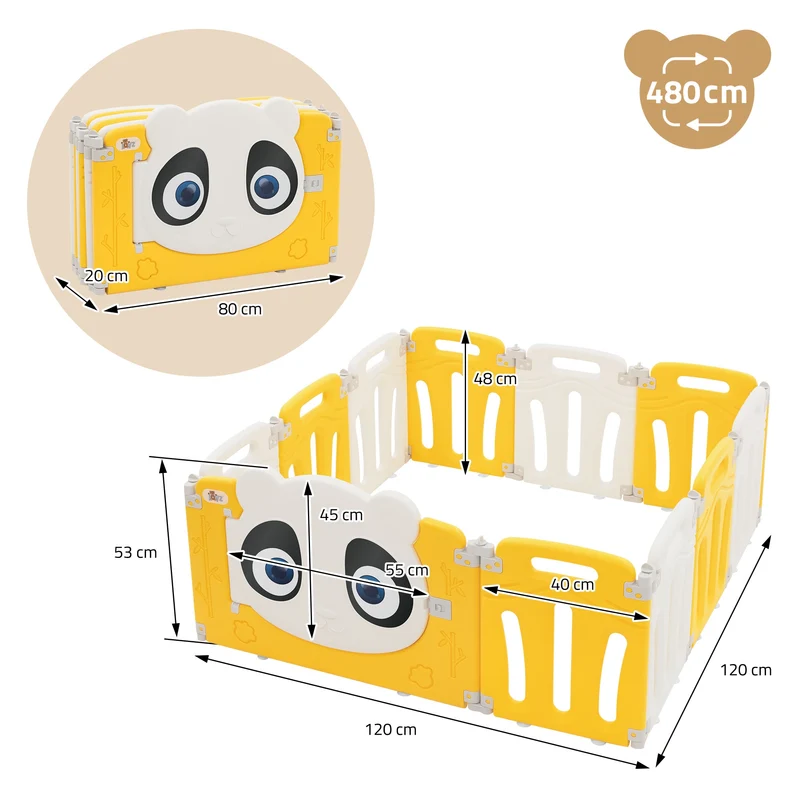 Joyz | Laufgitter Baby Laufstall Faltbar, aus HDPE- und PP-Kunststoff, Weiß-Gelb Panda, Krabbelgitter Babyzaun Kinderlaufstall