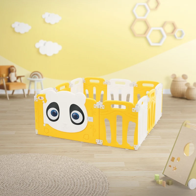 Joyz | Laufgitter Baby Laufstall Faltbar, aus HDPE- und PP-Kunststoff, Weiß-Gelb Panda, Krabbelgitter Babyzaun Kinderlaufstall