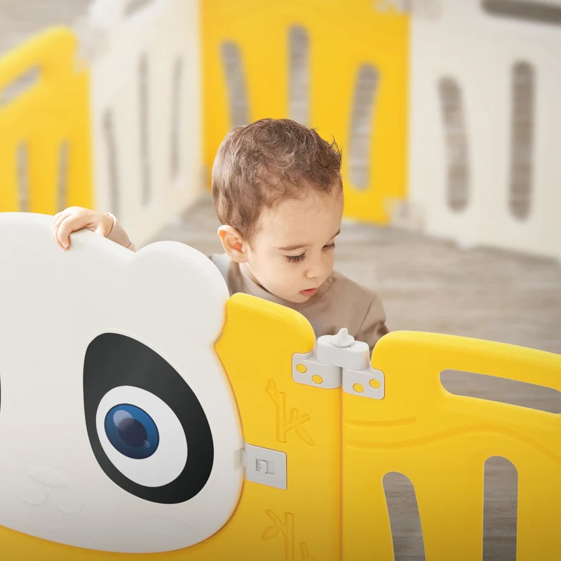 Joyz | Laufgitter Baby Laufstall Faltbar, aus HDPE- und PP-Kunststoff, Weiß-Gelb Panda, Krabbelgitter Babyzaun Kinderlaufstall