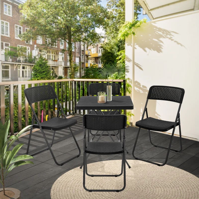 ECD Germany | Balkonstuhl Set Klappbar 51x46x82 cm, aus Stahl, PP-Kunststoff, Schwarz, Rattan-Optik Bistrostuhl Gartenstuhl Campingstuhl