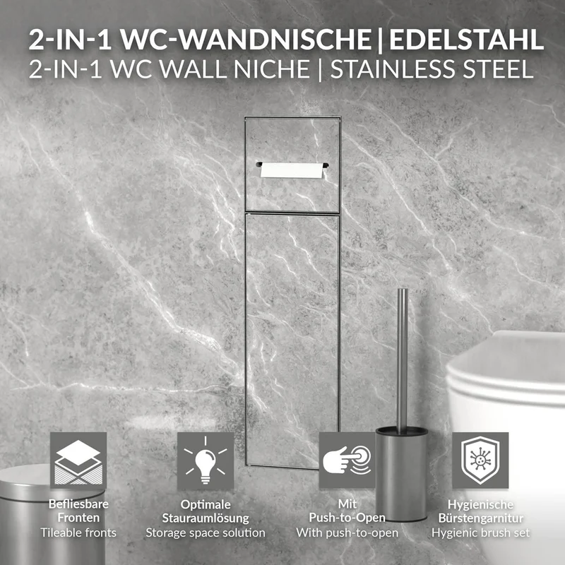 LuxeBath | Unterputz-Schrankmodul befliesbar mit Klappe 60x20x14cm, aus Edelstahl, WC Wandnische, Einbauschrank