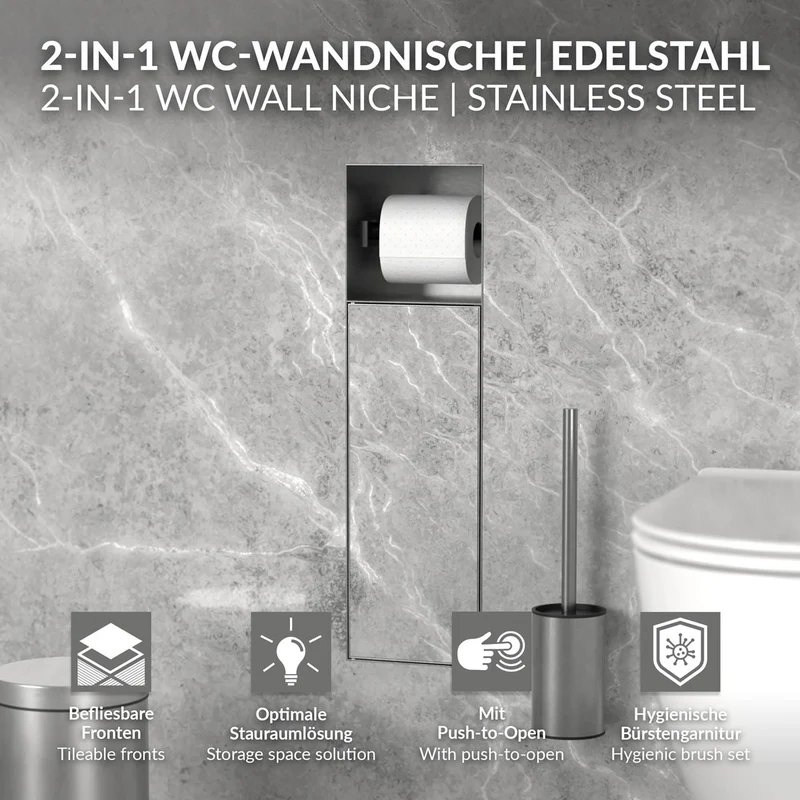 LuxeBath | Unterputz-Schrankmodul befliesbar 60x20x14cm, aus Edelstahl, WC Wandnische, Einbauschrank