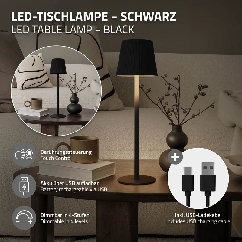 ML-Design | LED Tischlampe kabellos mit Touch, Akku & USB-C, Ø10x36cm, Tischleuchte Schreibtischlampe Leselampe LED Lampe
