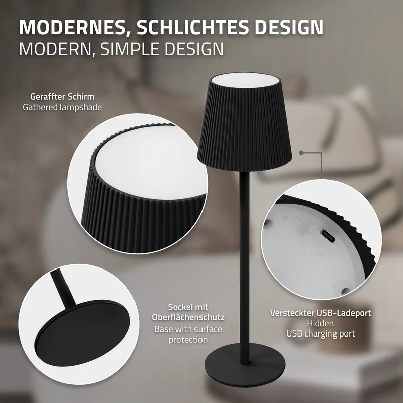 ML-Design | LED Tischlampe kabellos mit Touch, Akku & USB-C, Ø10x36cm, Tischleuchte Schreibtischlampe Leselampe LED Lampe