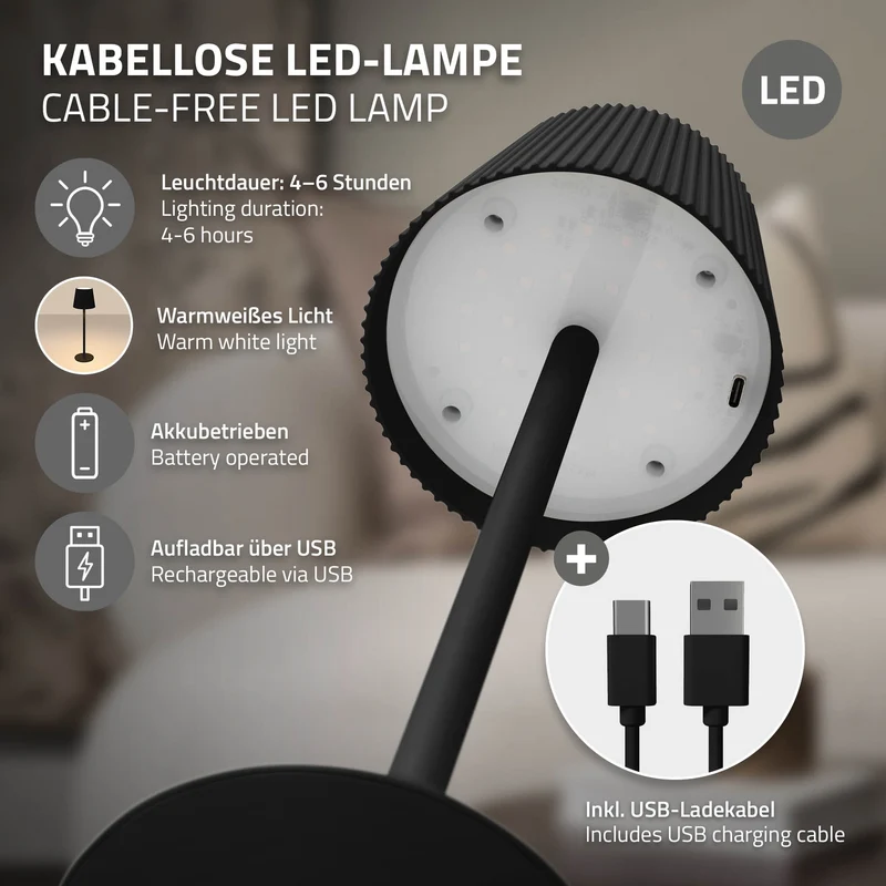 ML-Design | LED Tischlampe kabellos mit Touch, Akku & USB-C, Ø10x36cm, Tischleuchte Schreibtischlampe Leselampe LED Lampe