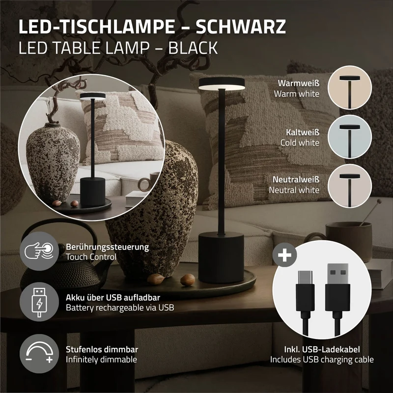 ML-Design | LED Tischlampe kabellos mit Touch, Akku & USB-C, Ø8x34,5cm, Tischleuchte Schreibtischlampe Leselampe LED Lampe