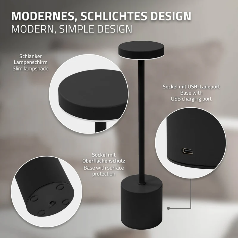 ML-Design | LED Tischlampe kabellos mit Touch, Akku & USB-C, Ø8x34,5cm, Tischleuchte Schreibtischlampe Leselampe LED Lampe