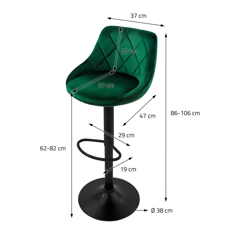 4er Set Barhocker Grün Samtbezug mit Rückenlehne und Fußstütze höhenverstellbar 62-82cm ML-Design