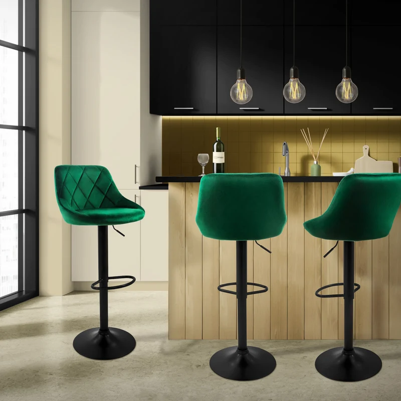 4er Set Barhocker Grün Samtbezug mit Rückenlehne und Fußstütze höhenverstellbar 62-82cm ML-Design