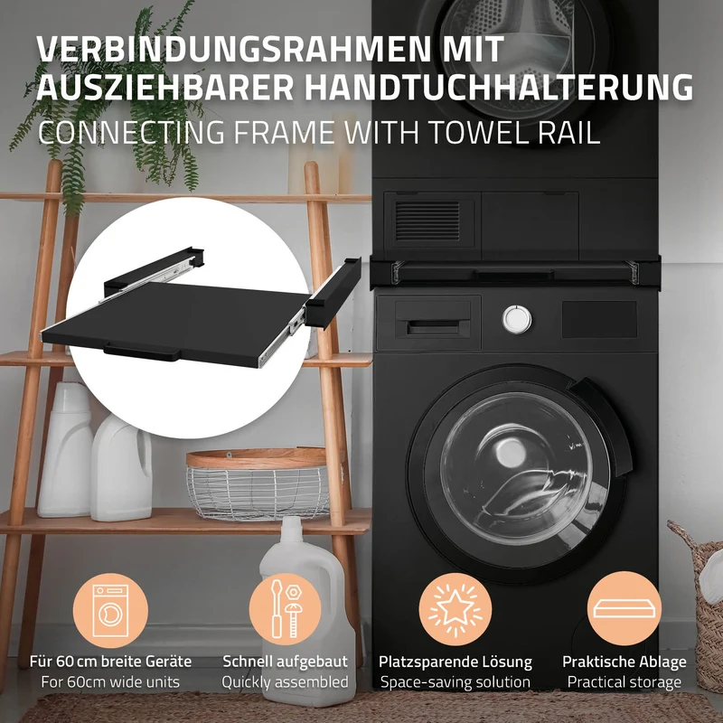 Zwischenbaurahmen für Waschmaschine Verbindungsrahmen mit ausziehbarer Ablage 60x60 cm in Schwarz ML-Design