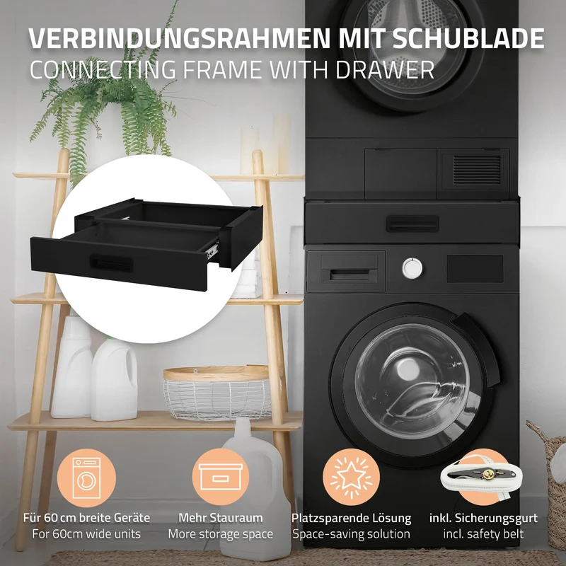 Zwischenbaurahmen für Waschmaschine Verbindungsrahmen mit Schublade 60,5x54 cm in Schwarz ML-Design