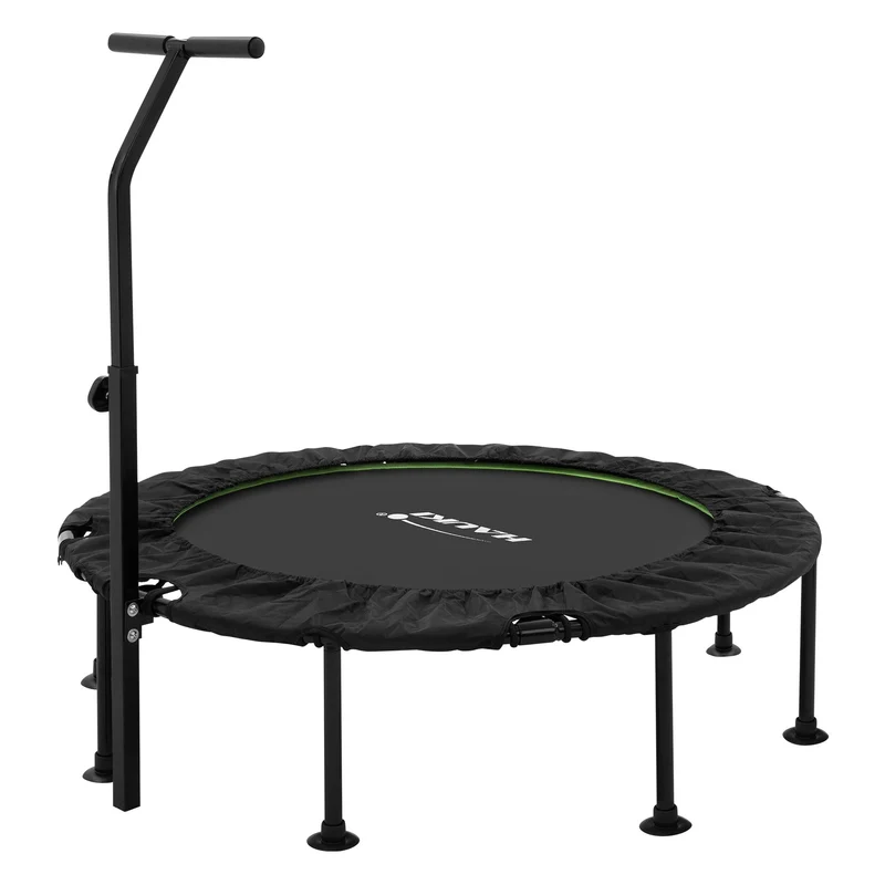 HAUKI | Trampolin mit höhenverstellbarer Haltegriff, Ø102/122 cm, aus Stahl Schwarz-Grün bis 150kg, Bodentrampolin für Zuhause