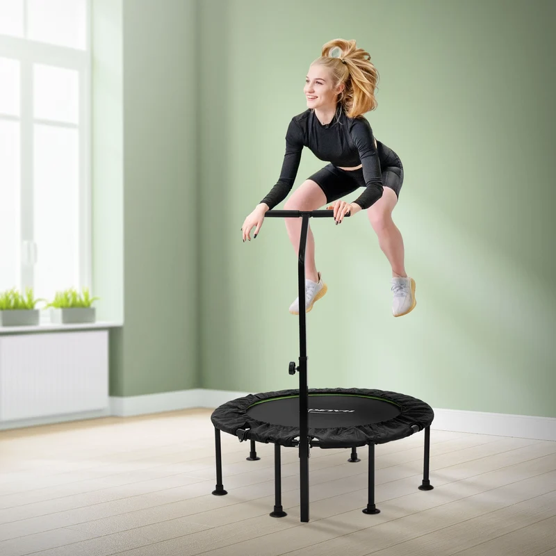 HAUKI | Trampolin mit höhenverstellbarer Haltegriff, Ø102/122 cm, aus Stahl Schwarz-Grün bis 150kg, Bodentrampolin für Zuhause