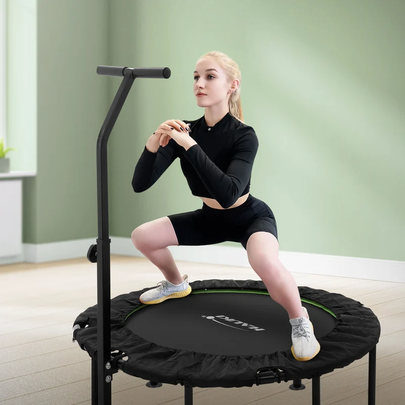 HAUKI | Trampolin mit höhenverstellbarer Haltegriff, Ø102/122 cm, aus Stahl Schwarz-Grün bis 150kg, Bodentrampolin für Zuhause