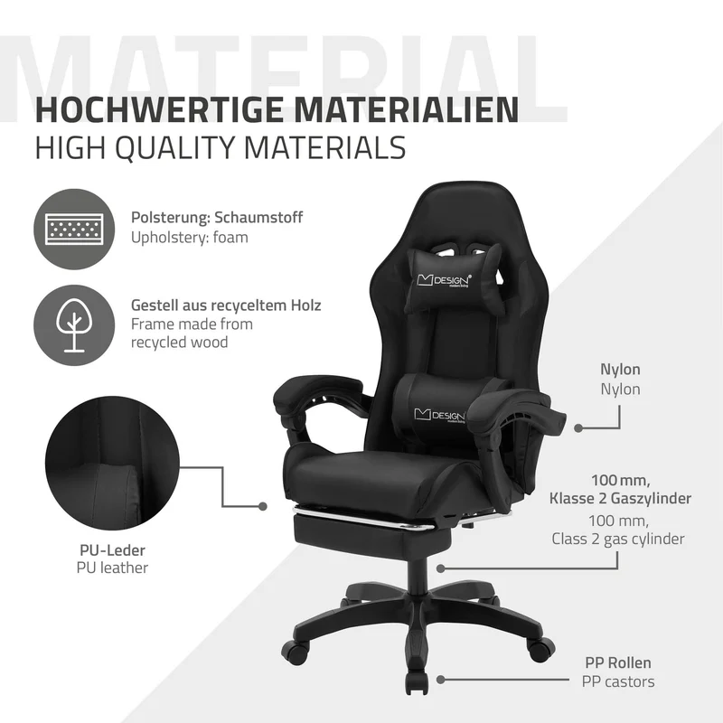 ML-Design | Gaming Stuhl mit Fußstütze, Kopfstütze und Armlehne, 62x109–119x62 cm, aus Kunstleder, Drehstuhl, Bürostuhl