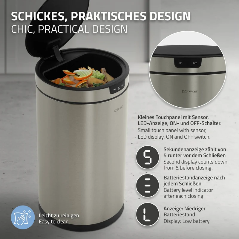 ML-Design | Mülleimer mit Sensor, Automatisches Öffnen & Schließen, 30/40L rund aus Edelstahl, Abfalleimer für Küche und Büro