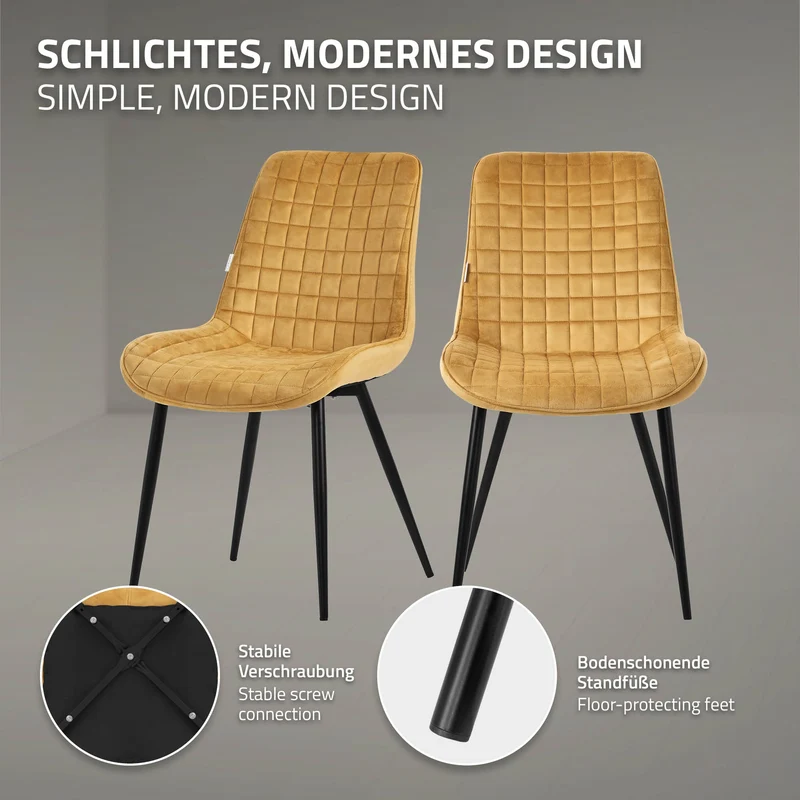 Esszimmerstuhl 2er Set Senfgelb mit Samtbezug und Stahlbeinen Küchenstuhl mit Rückenlehne ML-Design