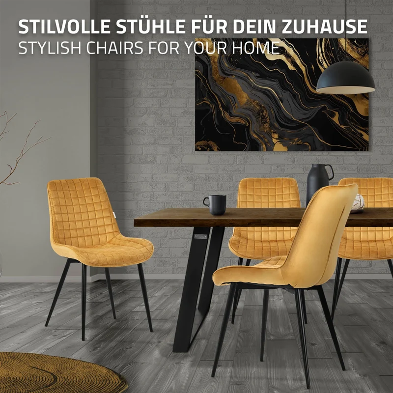 Esszimmerstuhl 2er Set Senfgelb mit Samtbezug und Stahlbeinen Küchenstuhl mit Rückenlehne ML-Design