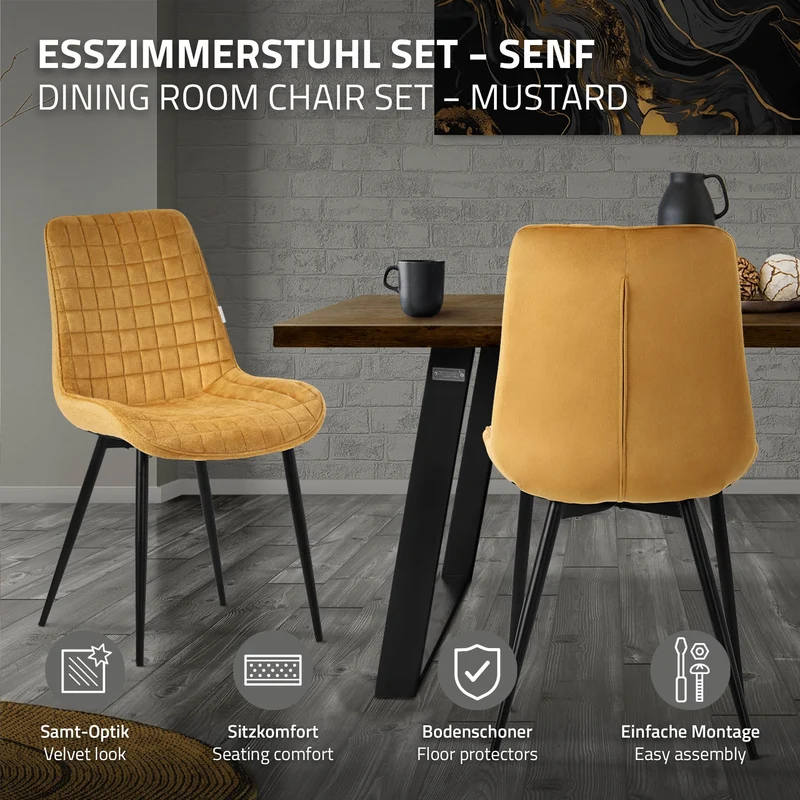 Esszimmerstuhl 4er Set Senfgelb mit Samtbezug und Stahlbeinen Küchenstuhl mit Rückenlehne ML-Design