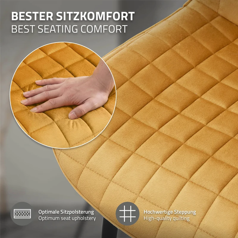 Esszimmerstuhl 4er Set Senfgelb mit Samtbezug und Stahlbeinen Küchenstuhl mit Rückenlehne ML-Design