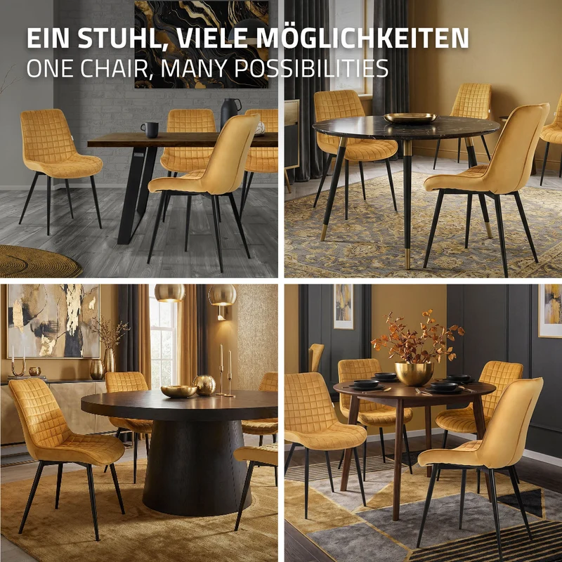 Esszimmerstuhl 4er Set Senfgelb mit Samtbezug und Stahlbeinen Küchenstuhl mit Rückenlehne ML-Design
