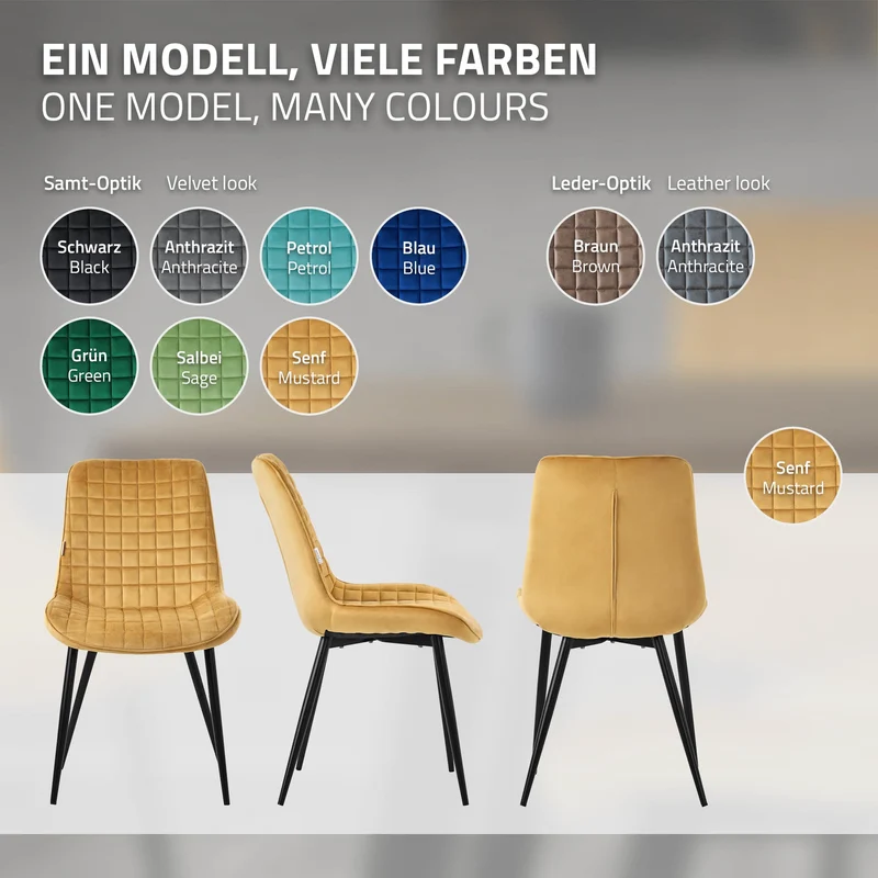 Esszimmerstuhl 4er Set Senfgelb mit Samtbezug und Stahlbeinen Küchenstuhl mit Rückenlehne ML-Design