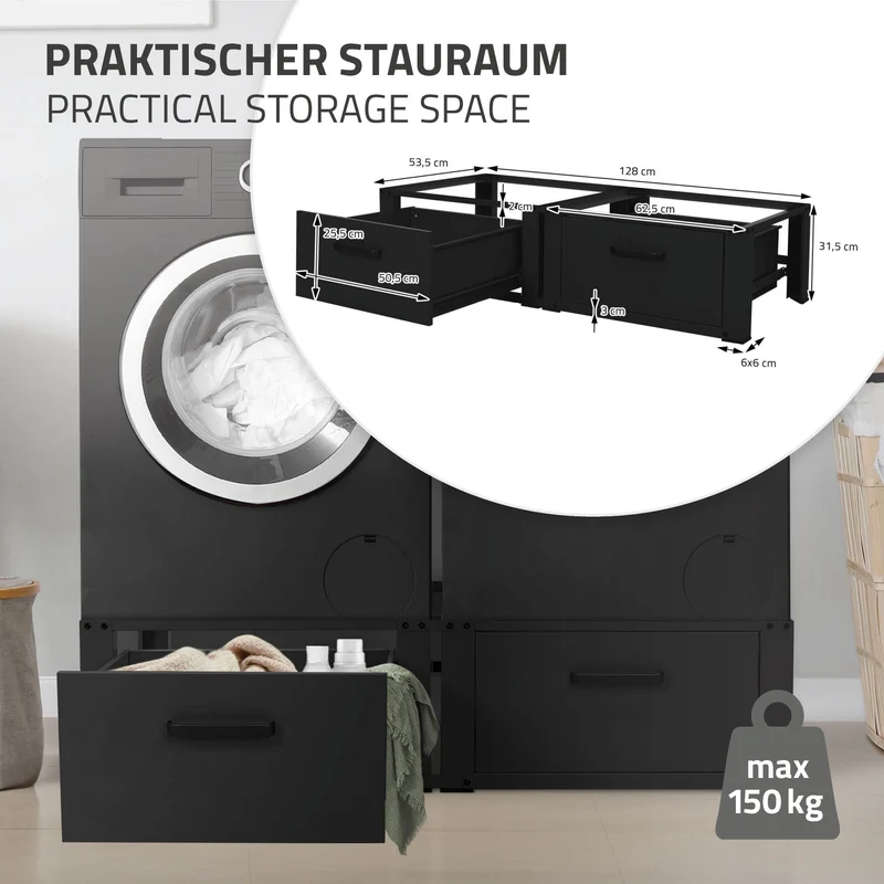 Waschmaschinen Untergestell Unterschrank doppel 128x53,5x31,5 cm mit Schublade in Schwarz ML-Design