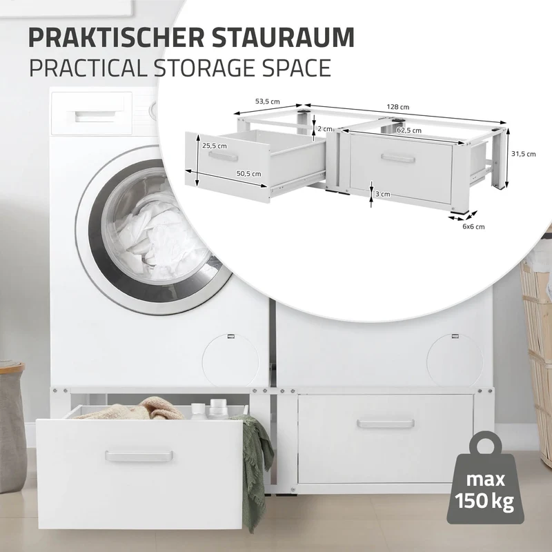 Waschmaschinen Untergestell Unterschrank doppel 128x53,5x31,5 cm mit 2 Schubladen in Weiß ML-Design