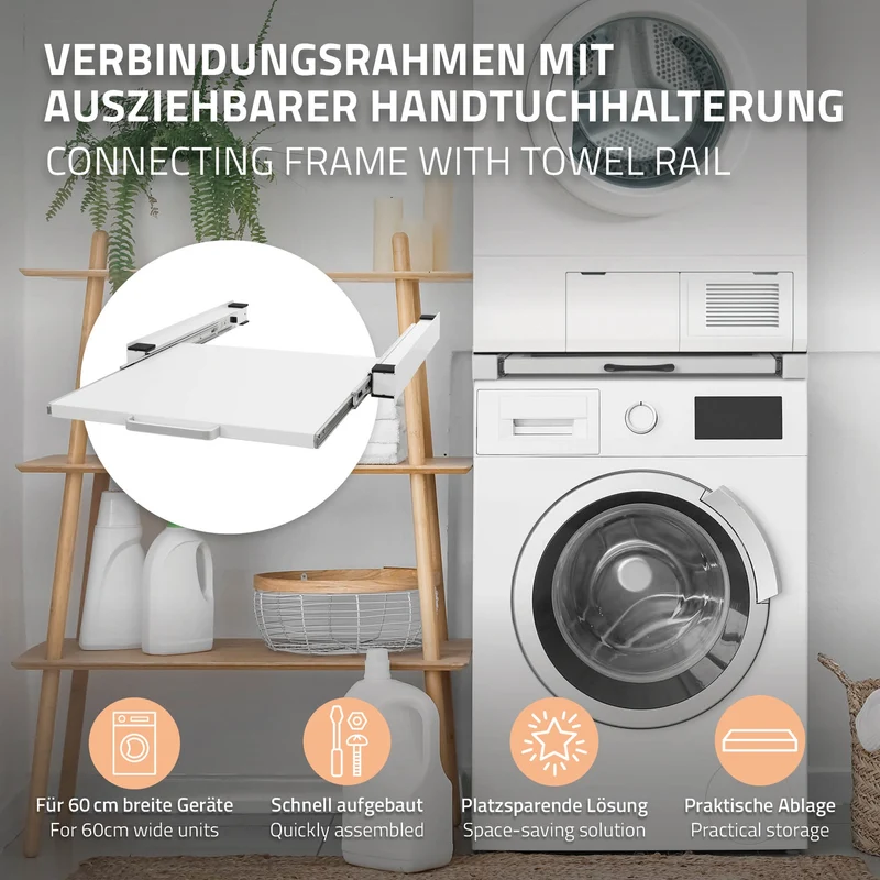 Zwischenbaurahmen für Waschmaschine Verbindungsrahmen mit ausziehbarer Ablage 60x60 cm in Weiß ML-Design
