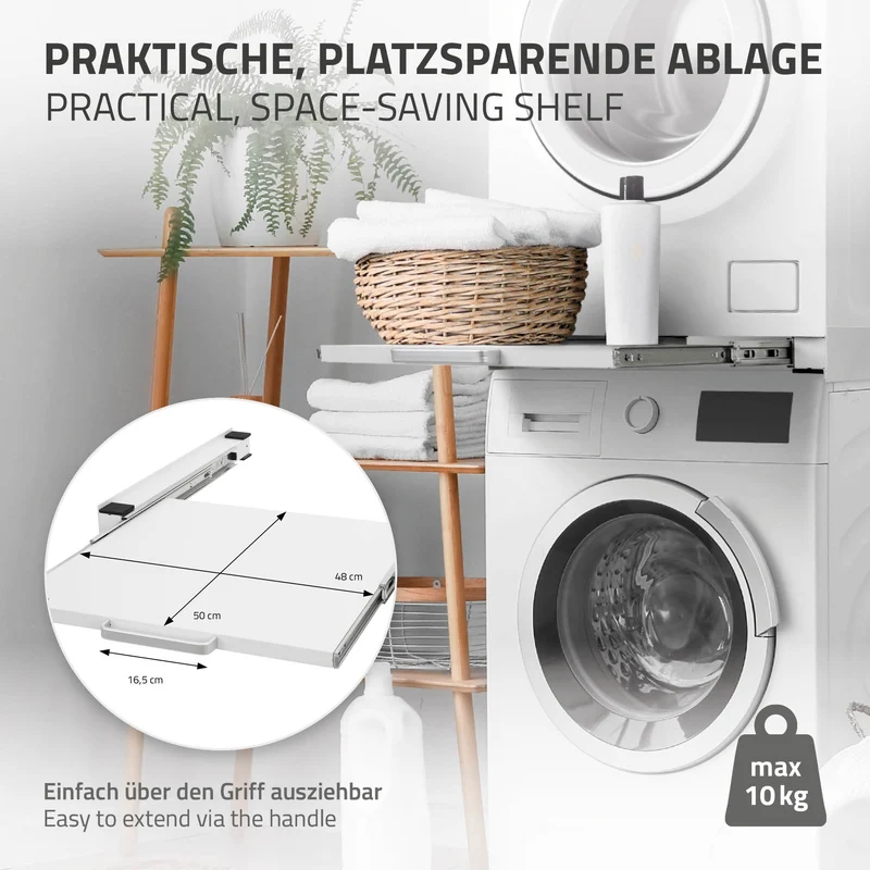 Zwischenbaurahmen für Waschmaschine Verbindungsrahmen mit ausziehbarer Ablage 60x60 cm in Weiß ML-Design