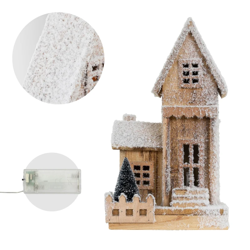Deko Weihnachtshaus schneebedeckt mit LED Beleuchtung 38 x 21 cm aus Holz