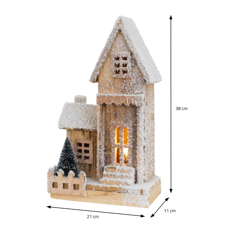 Deko Weihnachtshaus schneebedeckt mit LED Beleuchtung 38 x 21 cm aus Holz