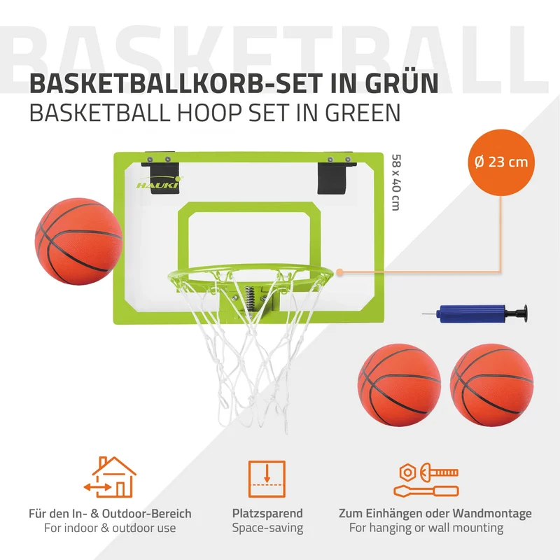 Basketballkorb Set mit 3 Bällen 58x40 cm Grün aus Nylon und Kunststoff
