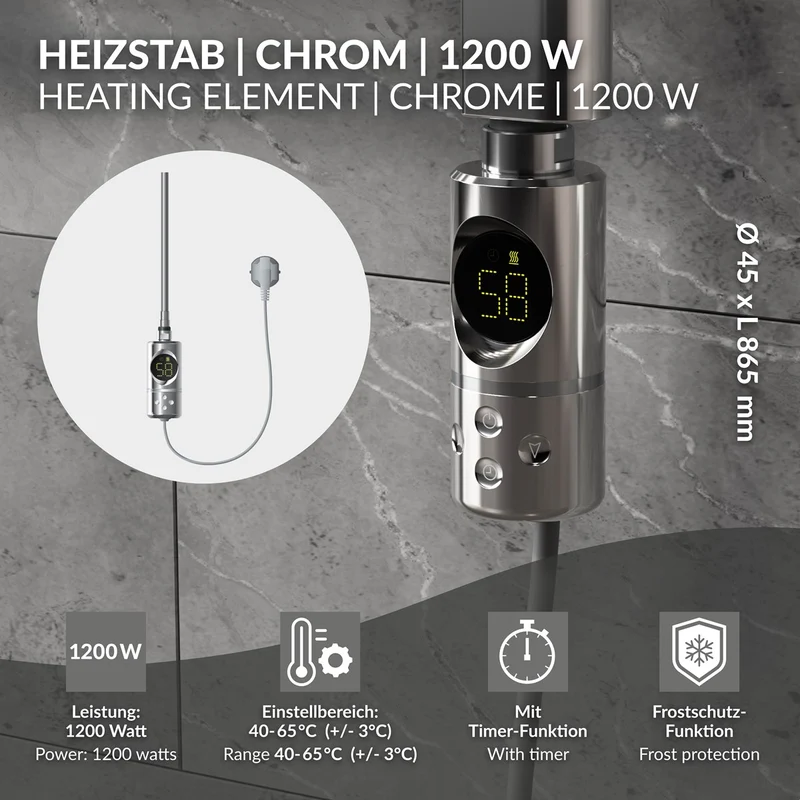 Heizstab 1200W Chrome mit Thermostat und LCD Bildschirm LuxeBath