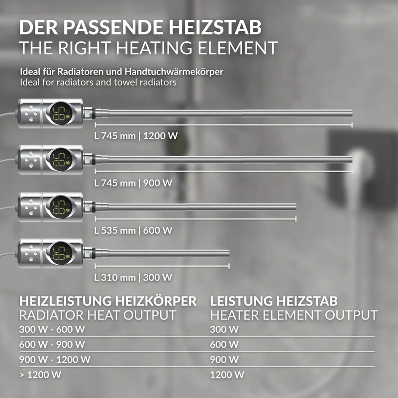 Heizstab 1200W Chrome mit Thermostat und LCD Bildschirm LuxeBath