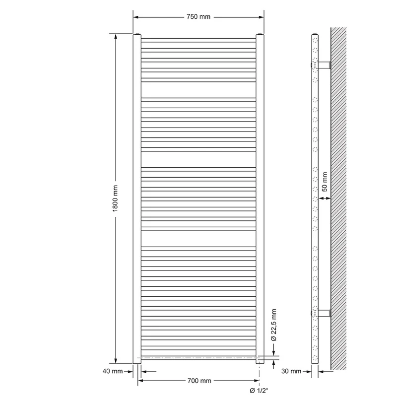 Badheizkörper Sahara 750x1800 mm Anthrazit gerade mit Seitenanschluss LuxeBath