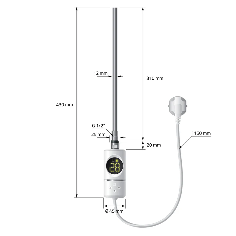 Elektrischer Badheizkörper mit Heizstab 300W 600x800 mm Weiß gebogen mit Seitenanschluss LuxeBath