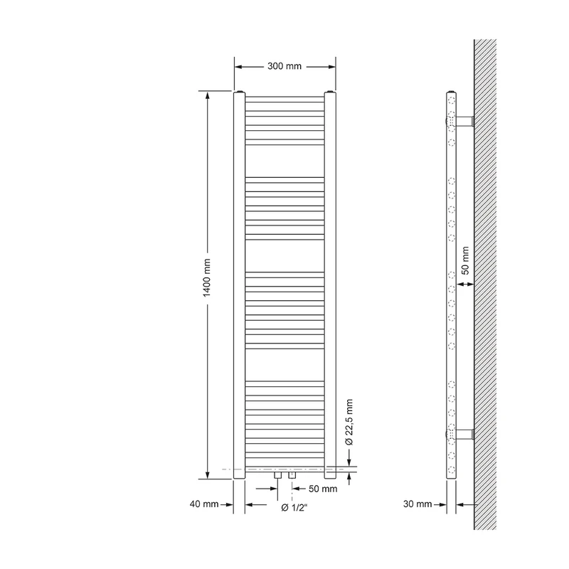 Badheizkörper Mittelanschluss 300x1400 mm Anthrazit gerade mit Wand Anschlussgarnitur LuxeBath