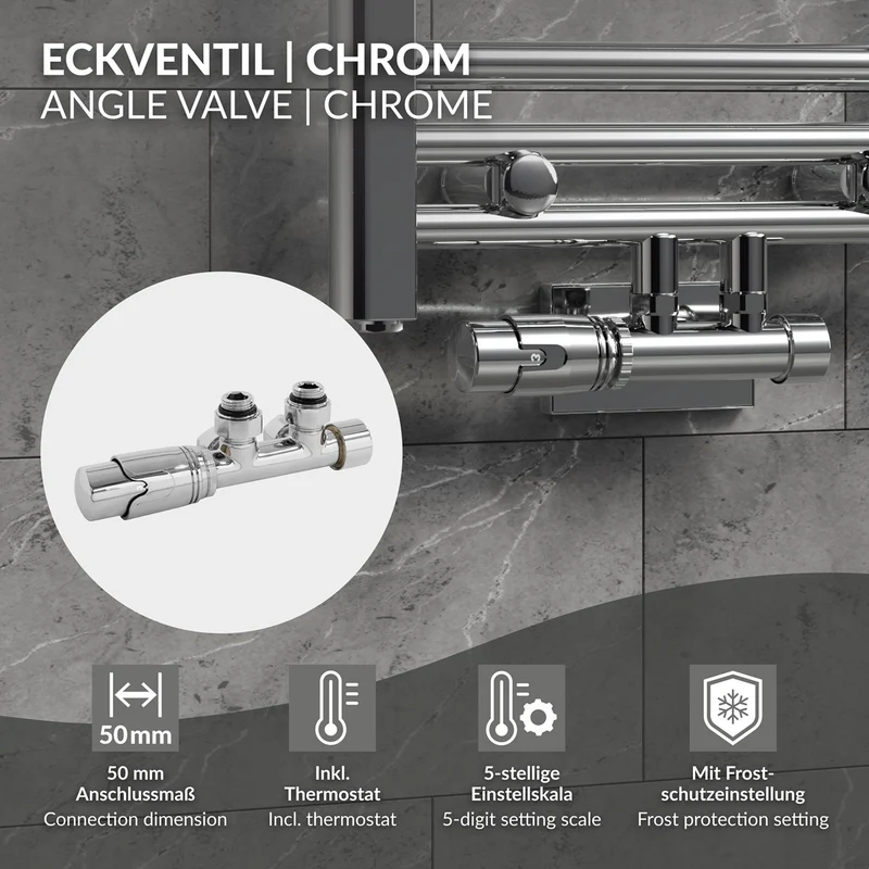 Ventil-Armaturen Set Multiblock Chrom Eckform inkl. Thermostatkopf LuxeBath