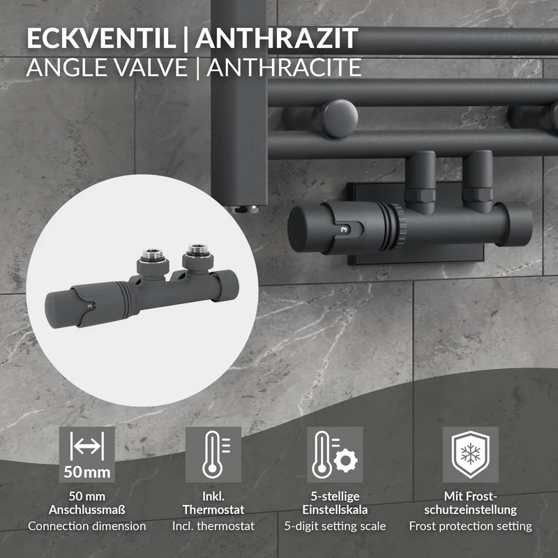 Ventil Armaturen Set Multiblock Anthrazit Eckform inkl. Thermostatkopf LuxeBath
