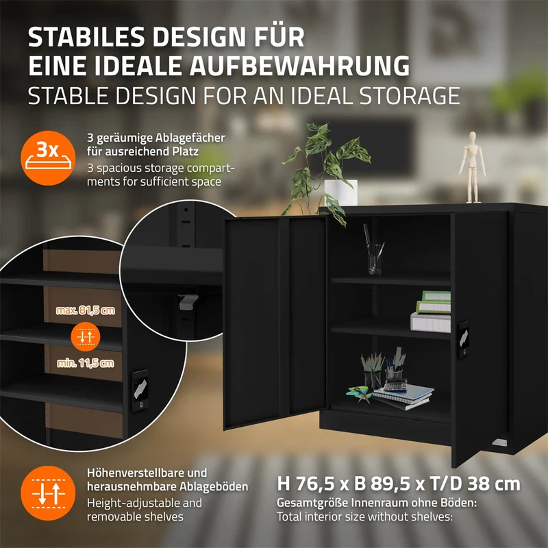 ML-Design | Aktenschrank abschließbar 90x40x90 cm aus Stahl, Büroschrank mit 2 Türen