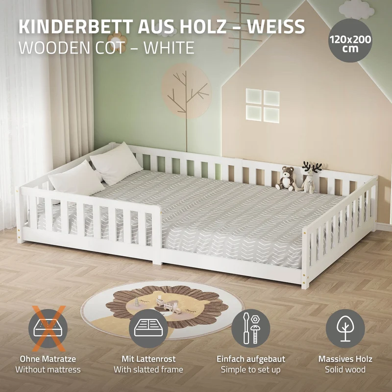 Kinderbett 120x200 cm mit Lattenrost und Rausfallschutz Weiß Kiefernholz ML-Design