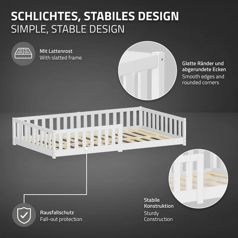 Kinderbett 120x200 cm mit Lattenrost und Rausfallschutz Weiß Kiefernholz ML-Design