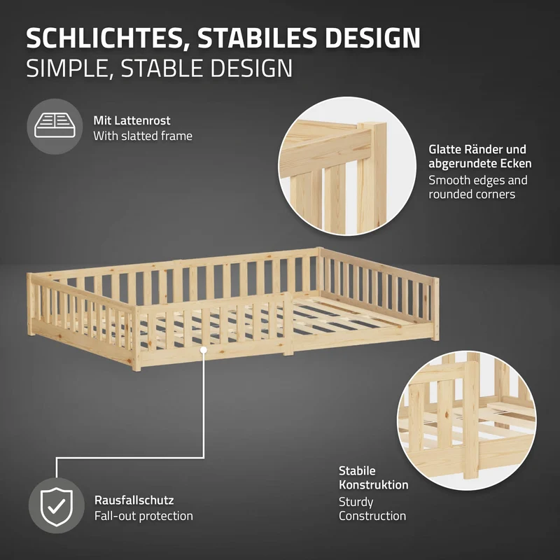 Kinderbett 140x200 cm mit Lattenrost und Rausfallschutz Natur Kiefernholz ML-Design