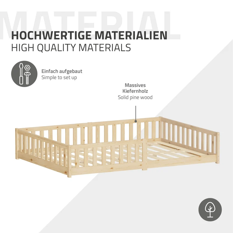 Kinderbett 140x200 cm mit Lattenrost und Rausfallschutz Natur Kiefernholz ML-Design
