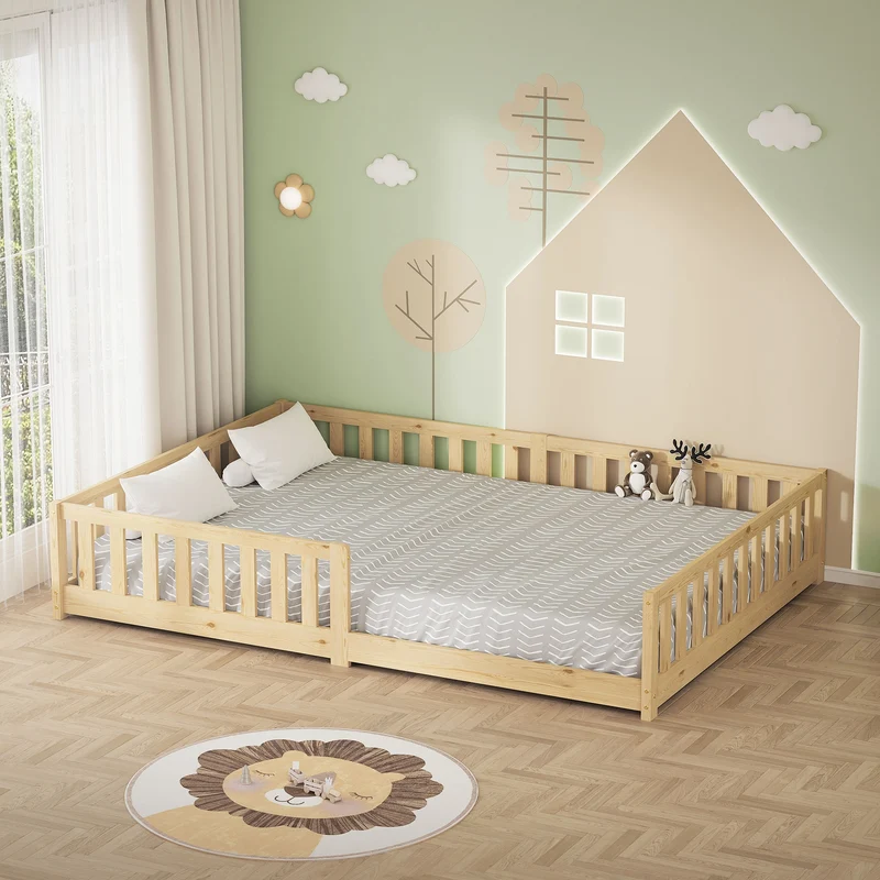 Kinderbett 140x200 cm mit Lattenrost und Rausfallschutz Natur Kiefernholz ML-Design