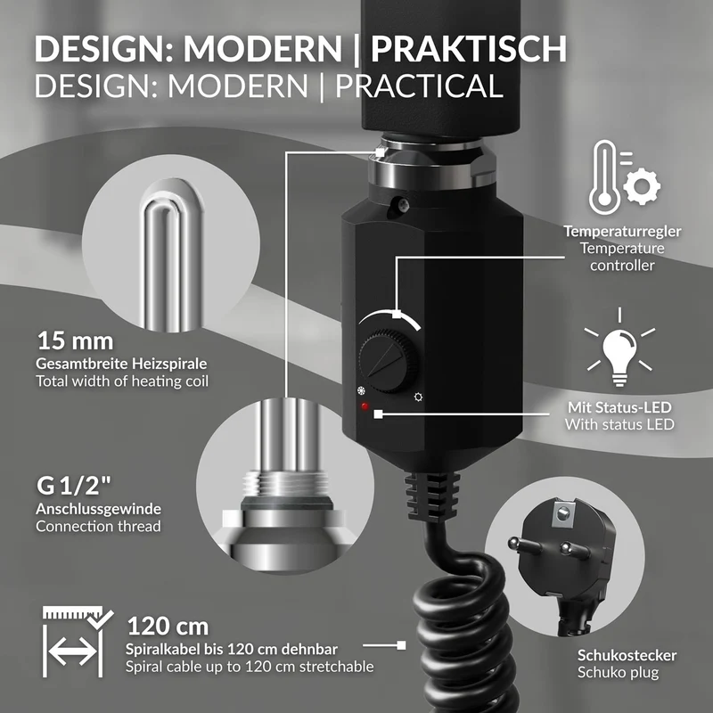 Design Badheizkörper Sahara Elektrisch mit Heizstab 900W 400x1200 mm gerade Schwarz matt Seitenanschluss LuxeBath