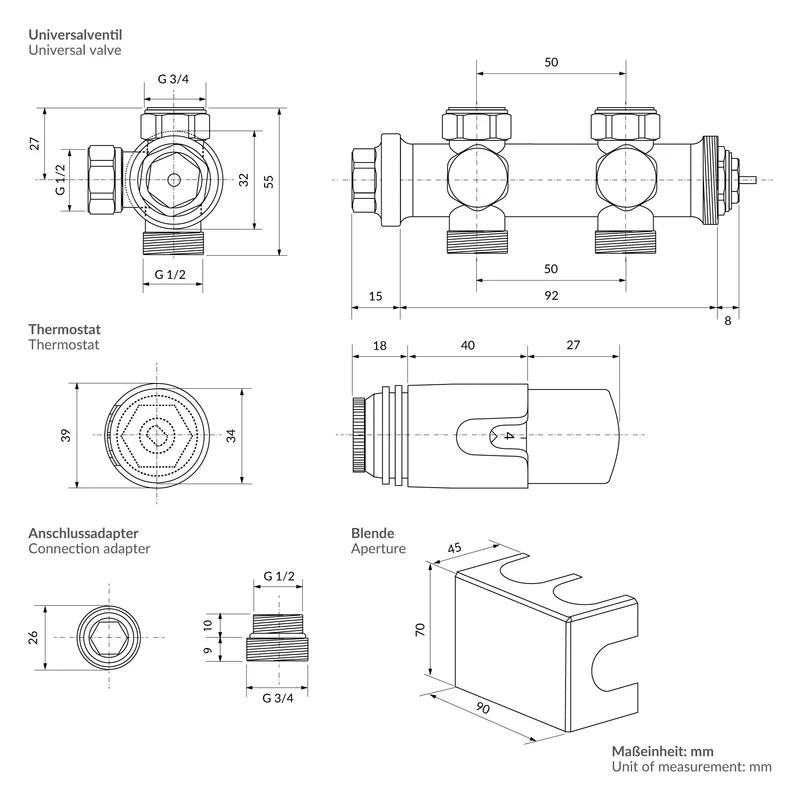 Ventil-Armaturen Set Multiblock Schwarz Universal inkl. Thermostatkopf LuxeBath