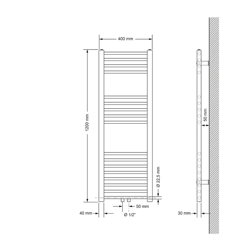 Badheizkörper Mittelanschluss 400x1200 mm Weiß gerade mit Wand Anschlussgarnitur LuxeBath