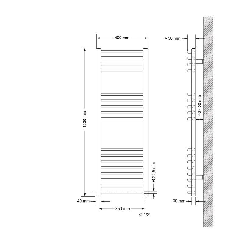 Elektrischer Badheizkörper mit Heizstab 1200W 400x1200 mm Anthrazit gebogen mit Seitenanschluss LuxeBath